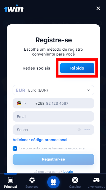 Registo por número de telefone em 1win