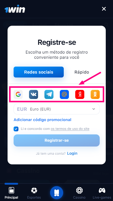 Redes sociais disponíveis para registo