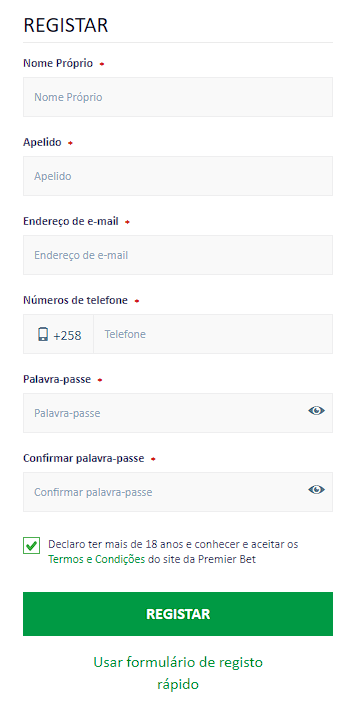 formulário de registo inteiro Premierbet