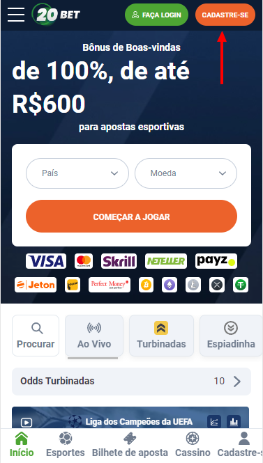 Botão de registo no site 20bet