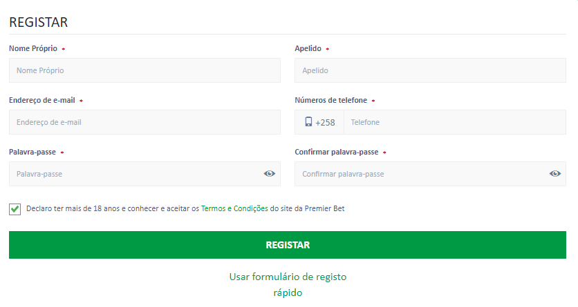 Formulário de inscrição na Premier Bet