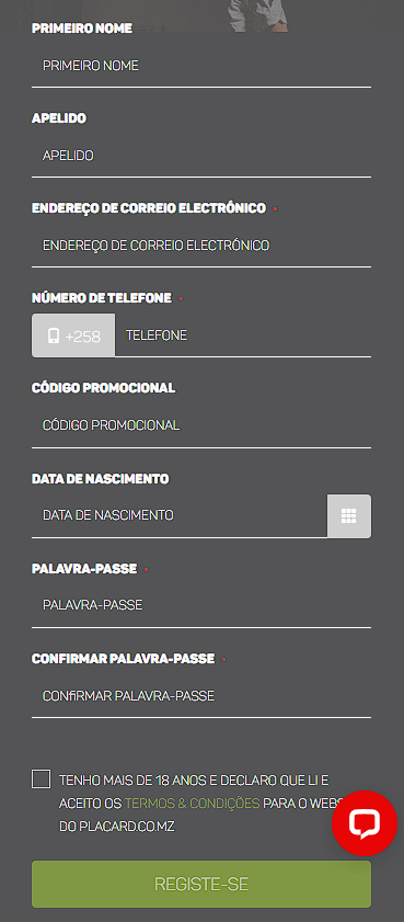 formulário de registo completo do Placard