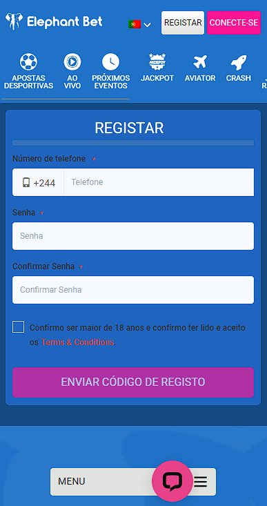 Formulário de inscrição na Elephant Bet