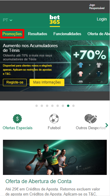 Secção de promoções da Bet365