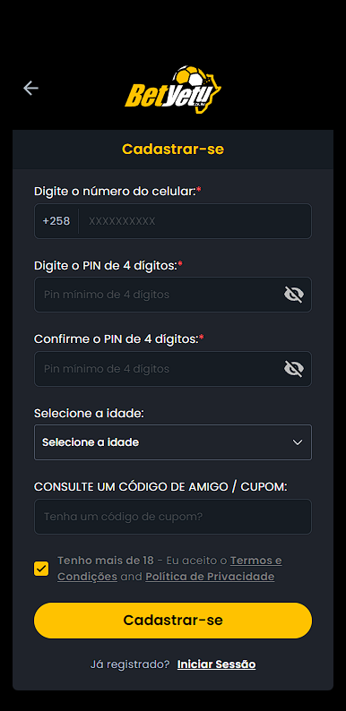 Formulário de registo BetYetu