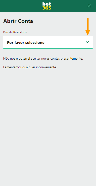 seleccione o seu país de residência quando se registar na Bet365