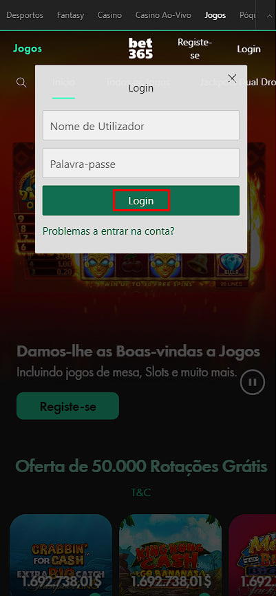 Como introduzir o nome de utilizador e a palavra-passe para começar a jogar jogos virtuais