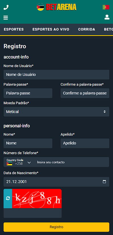 como preencher o formulário de registo da empresa de apostas BetArena