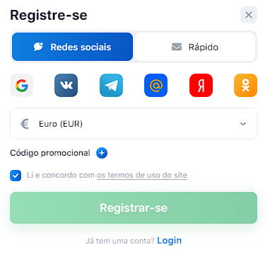 Registo através das redes sociais