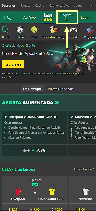 Registo na casa de apostas Bet365