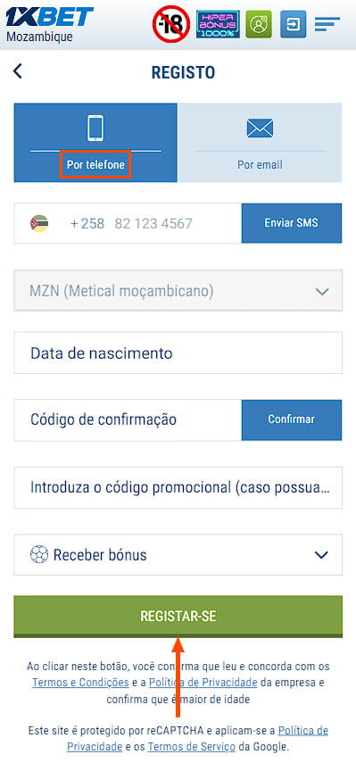 registo por número de telemóvel em 1xBet