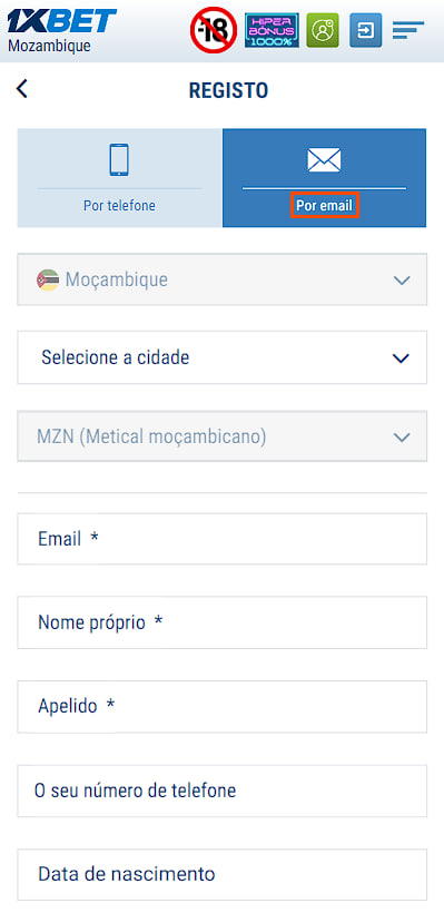 Registo em 1xBet com e-mail
