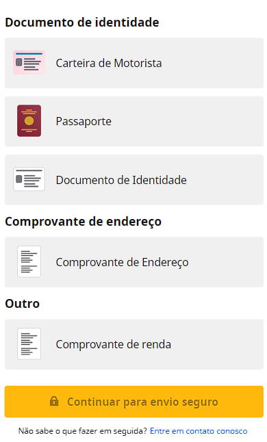 Documentos de verificação de identidade da Betfair