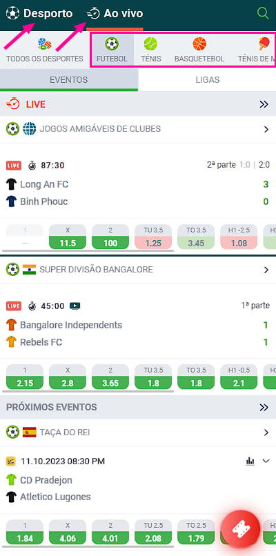 ao vivo, apostas desportivas, Menu principal da casa de apostas 22bet