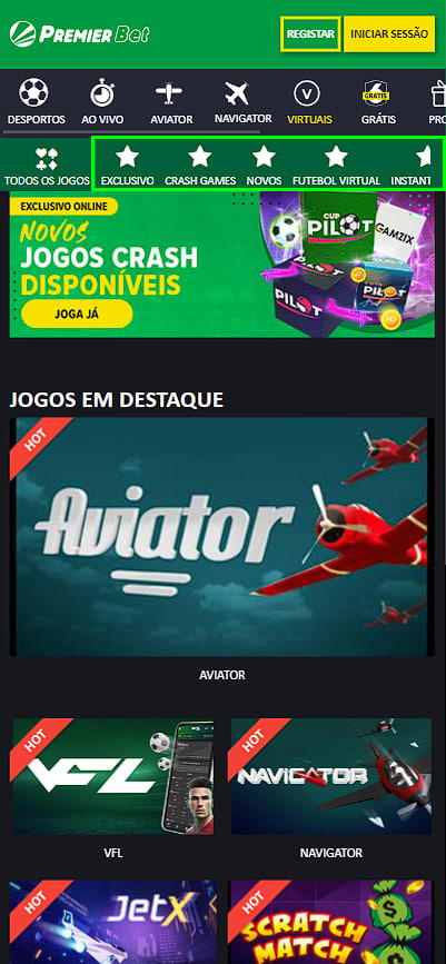 Categorias de jogos virtuais em Premier Bet