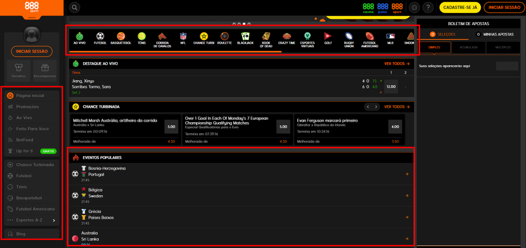 Gama no website da casa de apostas 888Sport