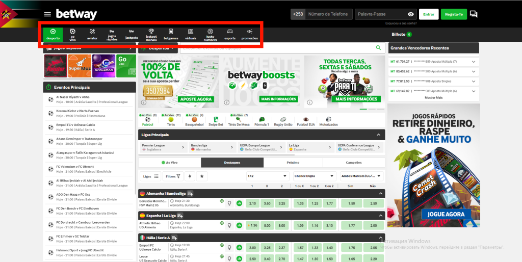 Menu do sítio Web BETWAY