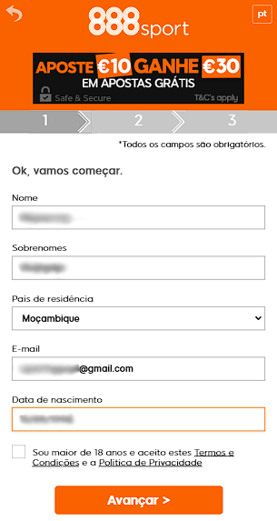 Processo de registo no site da casa de apostas 888Sport