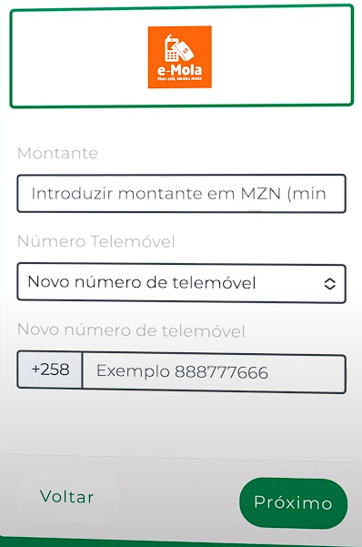 Reabastecimento da conta com e-Mola