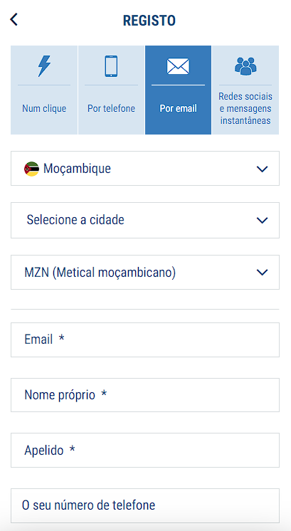 Registo por e-mail em 1xBet