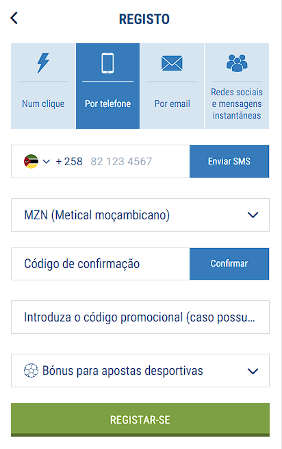 Registo por número de telefone em 1xBet