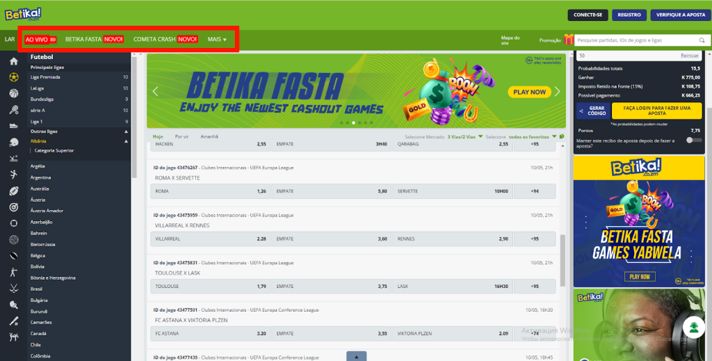 Menu do sítio Web BETIKA