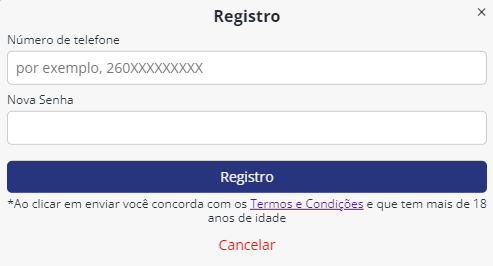 Formulário de registo BETIKA