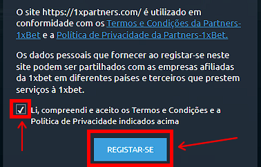 Completar o registo no programa de afiliados 1XBET