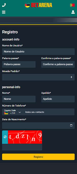 Informações de registo em BetArena