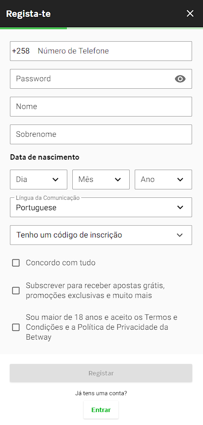 Formulário de registo