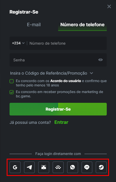 Registo através das redes sociais BC.Game