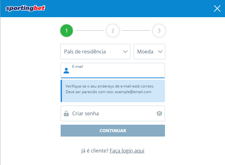 Registo na Sportingbet. Fase 1