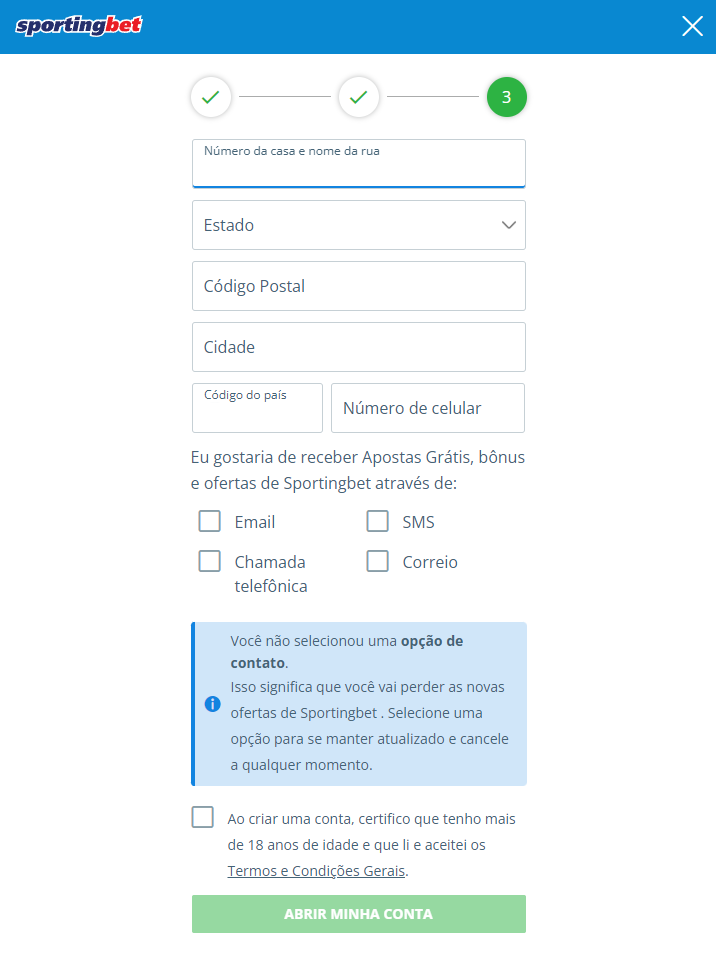 Registo na Sportingbet. Fase 3