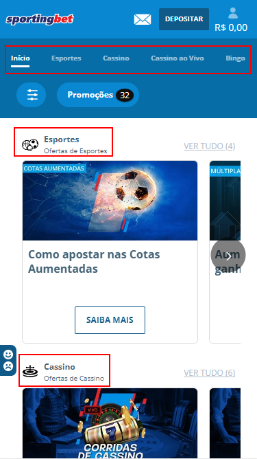 Secções do pacote promocional Sportingbet