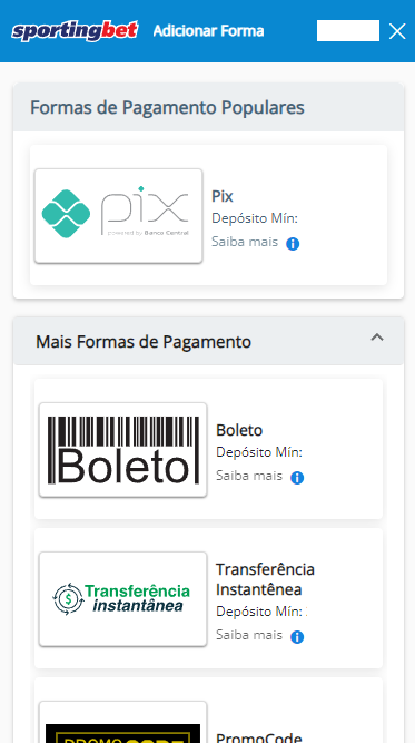 Métodos de pagamento Sportingbet