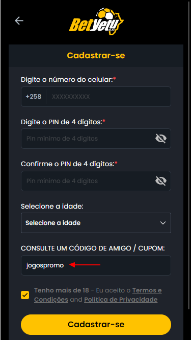 Campo para introduzir o código promocional BetYetu
