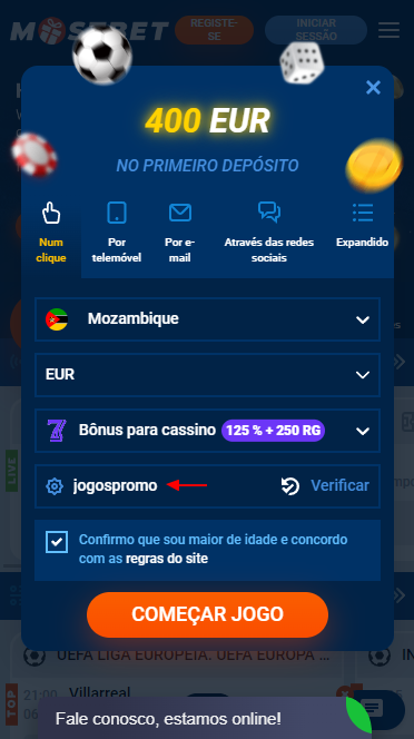 Campo para introduzir o código promocional Mostbet