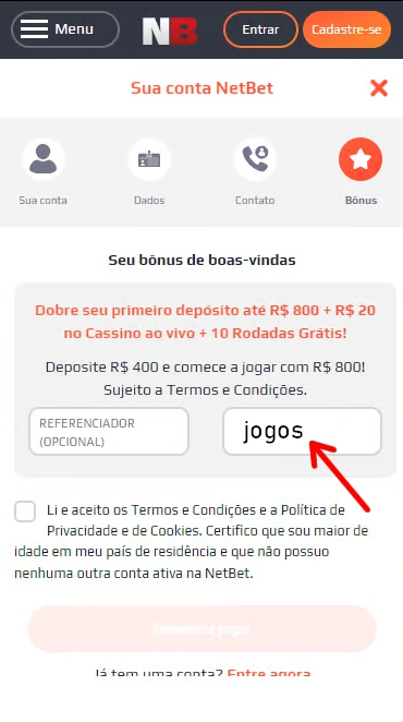 Campo para introduzir o código promocional NetBet
