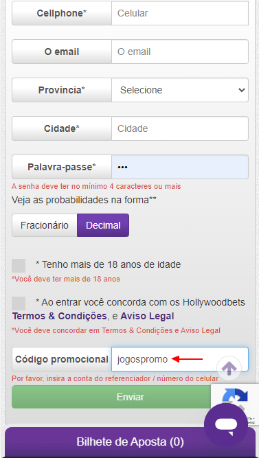 Campo de introdução do código promocional Hollywoodbets
