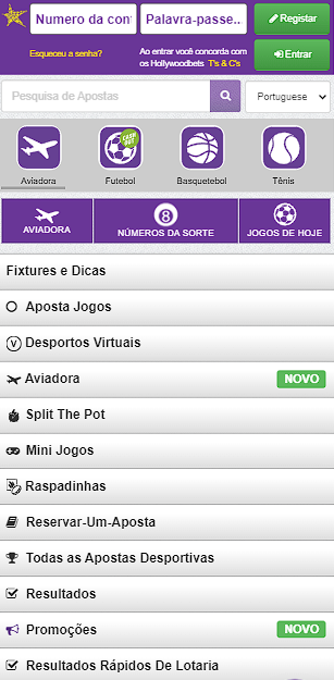 Site móvel da Hollywoodbets