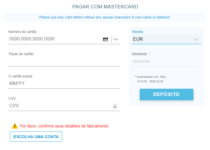 Formulário de pagamento no sítio Web da 1bet