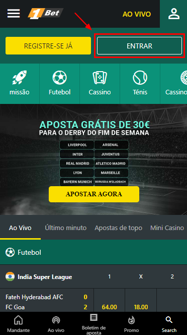 Botão de login no site da 1bet