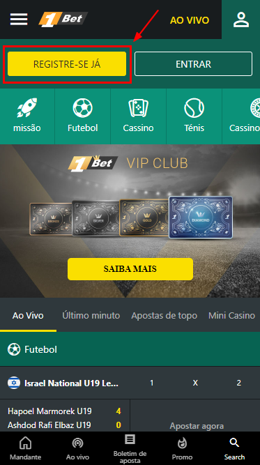 Botão de registo no site 1bet