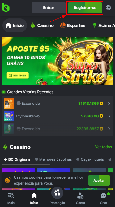 Botão de registo em BC.Game