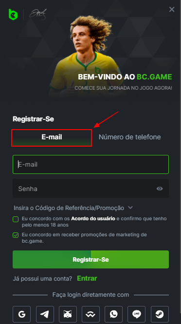 Registo na BC.Game por e-mail