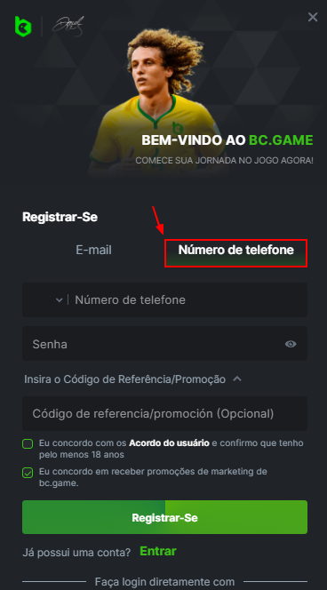 Registo no BC.Game utilizando o seu número de telefone