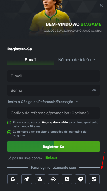 Registo no BC.Game através das redes sociais