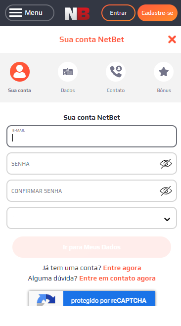 Primeira etapa do registo no NetBet