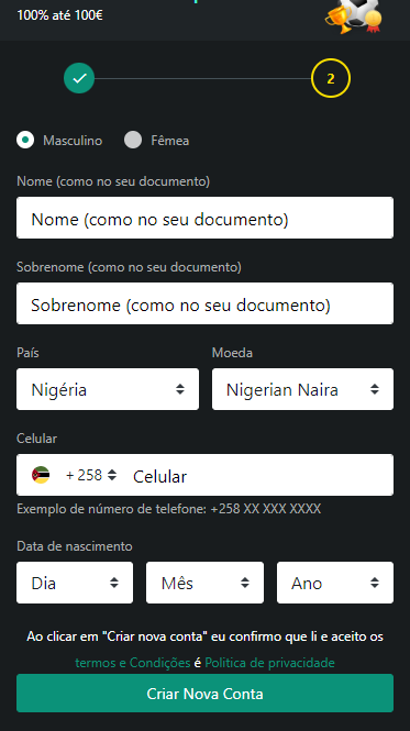 A segunda etapa do formulário de registo 1bet