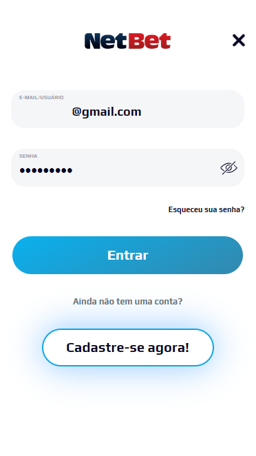 Formulário de autorização no sítio Web do NetBet